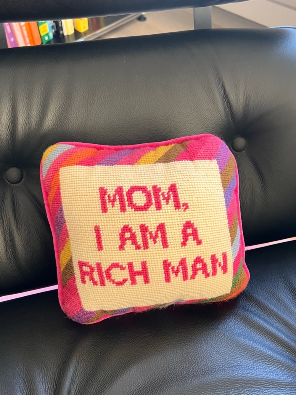 Furbish Studio Needlepoint Pillow “Mom I Am a Rich Man” Cher Quote